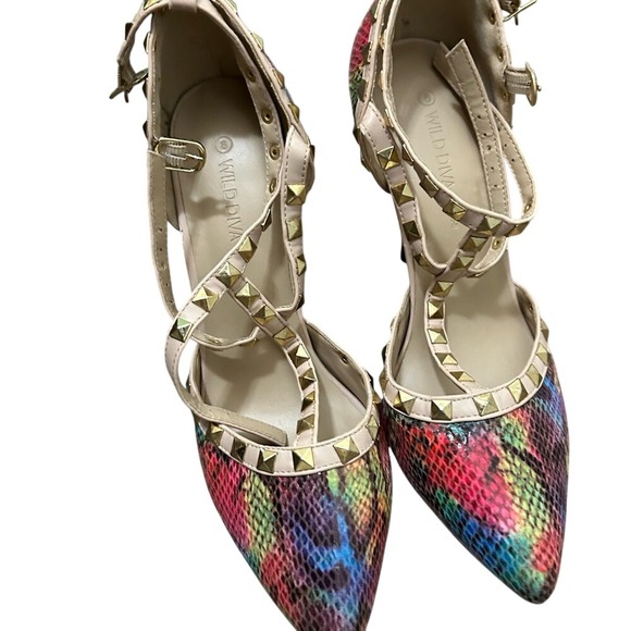 Wild Diva Lounge Rainbow Snakeskin Studded Strappy Pointed Toe Pumps Size 8 - Picture 3 of 5